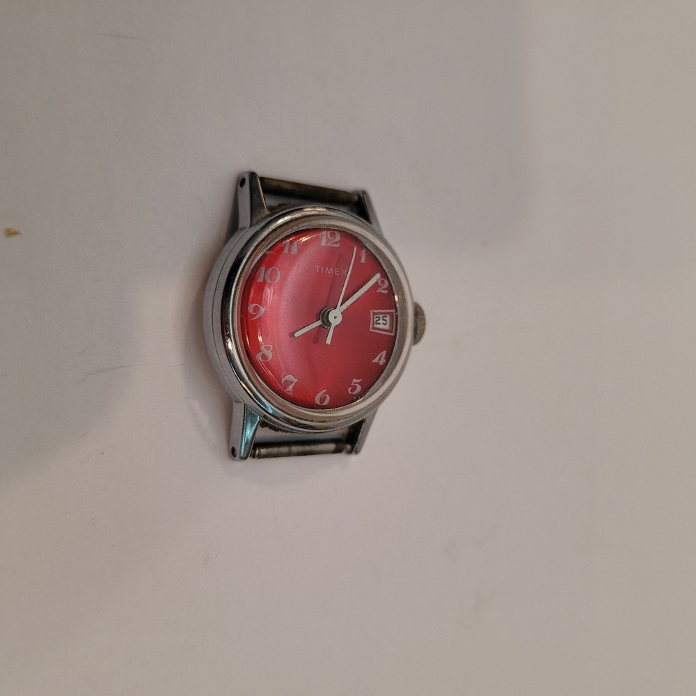 Timex Mechanical Wristwatch Women Red Dial Date Chrome Silver Tone Vtg WORKS!